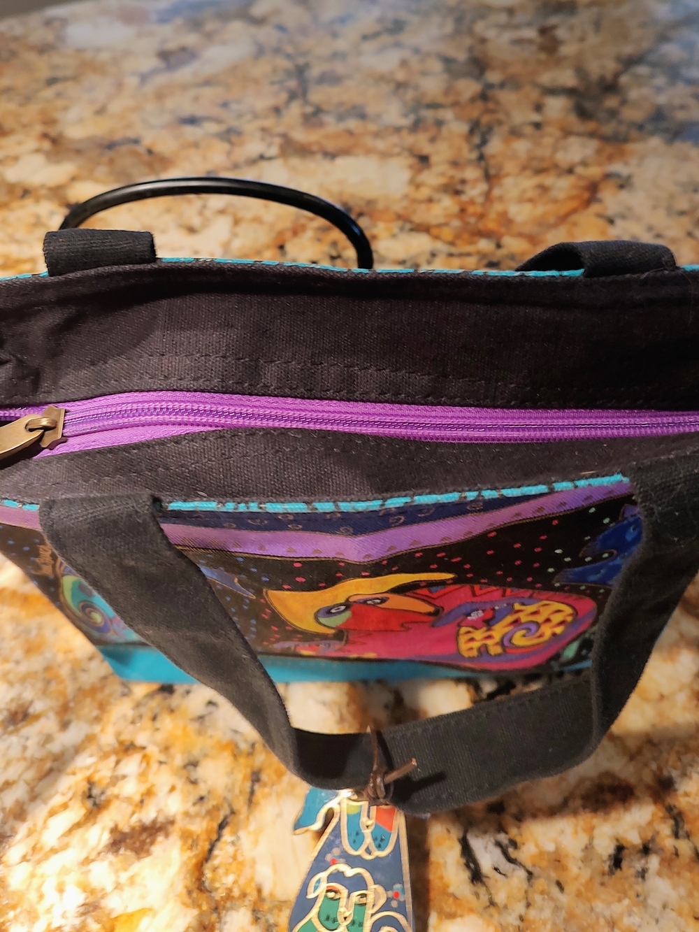 Laurel Burch Black Multicolor Playful Dog Tote with Teal Trim - Picture 6 of 11